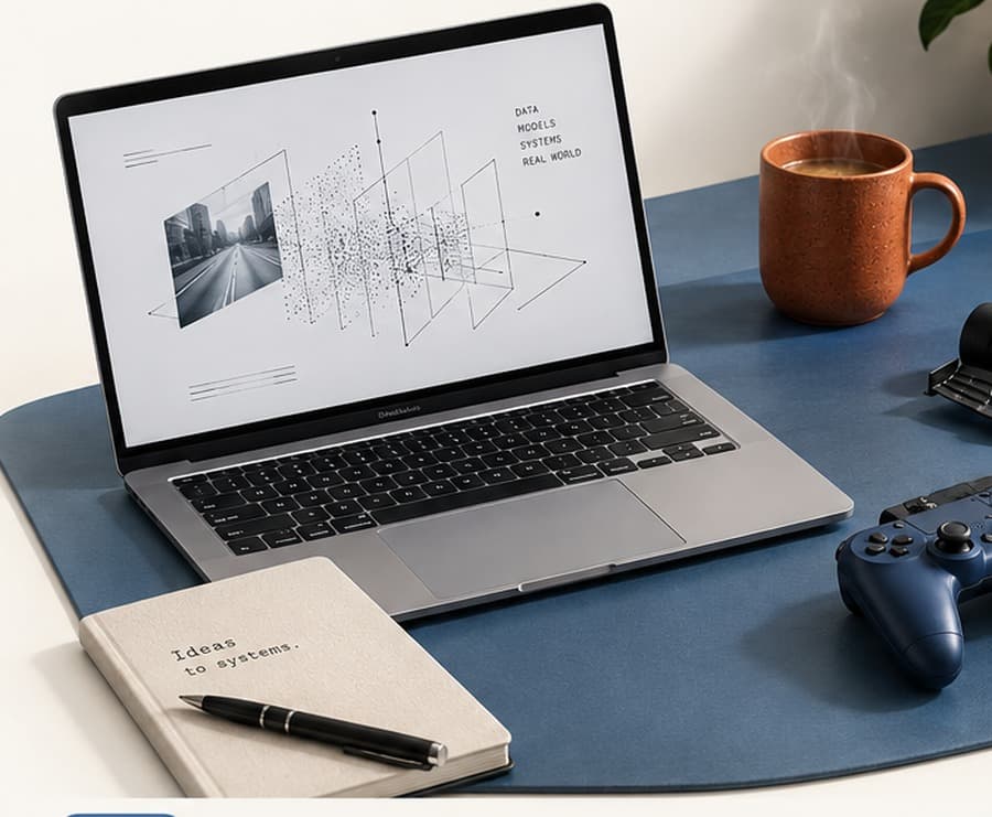 A laptop showing an abstract data-systems diagram, next to a notebook, a tea mug, a model race car, a game controller, and a dumbbell on a desk.
